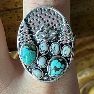 White Buffalo Turquoise Blue Turquoise Sterling Silver Forest Ring Size 9